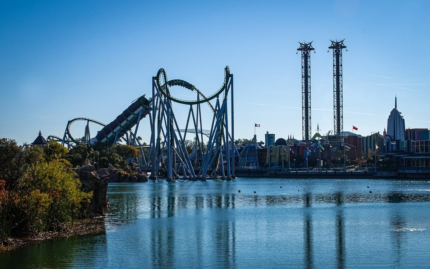 The Incredible Hulk Coaster over the lagoon at Universal's Islands of Adventure